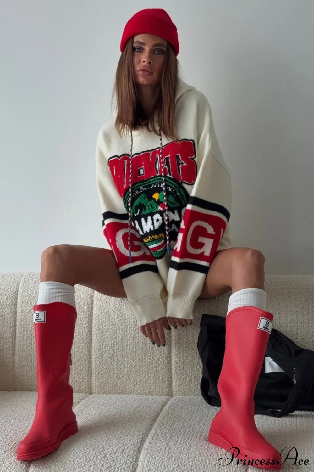 Knitted Embroidered Oversize Casual Hoodie - Image 2