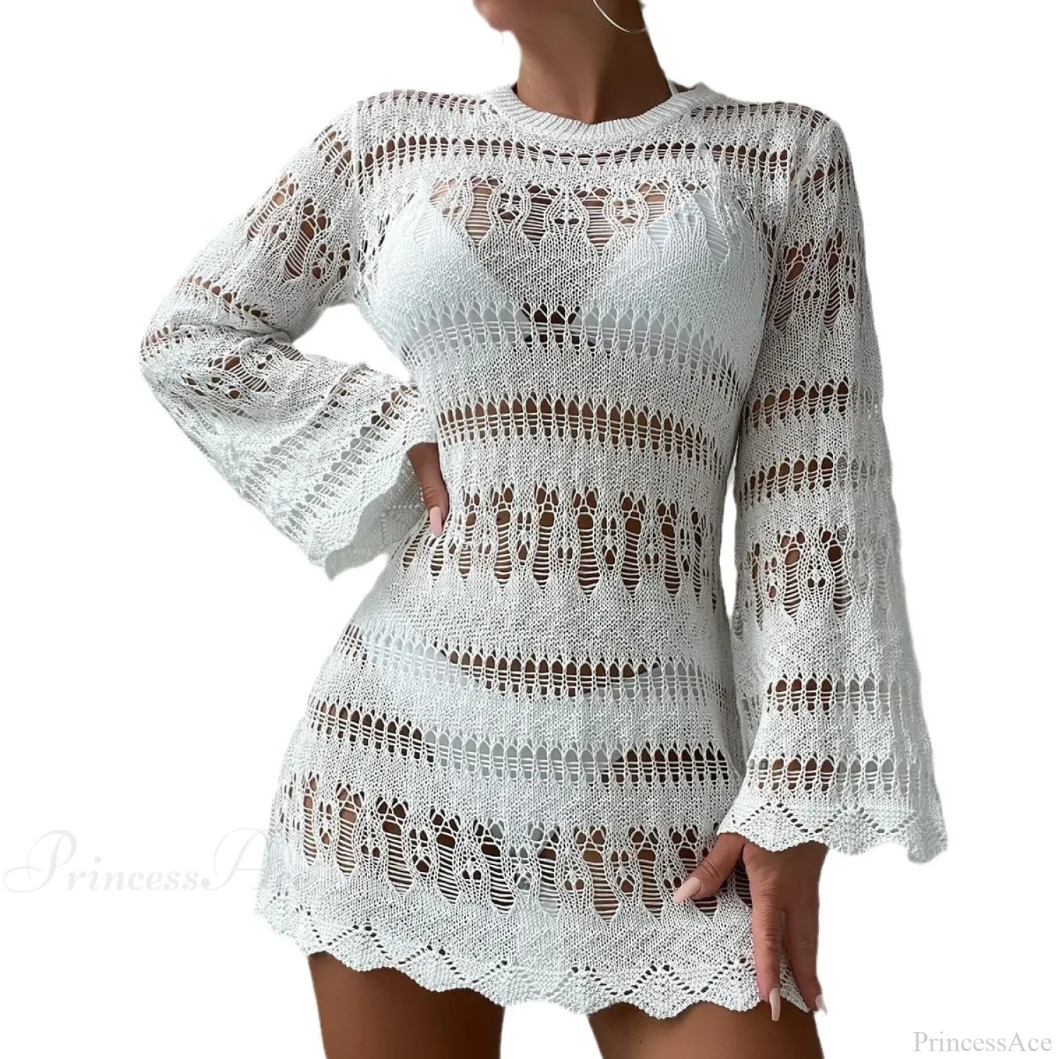 Knitted Hollow Out Sexy Backless Beach Mini Boho Dress Cover-up - Image 6
