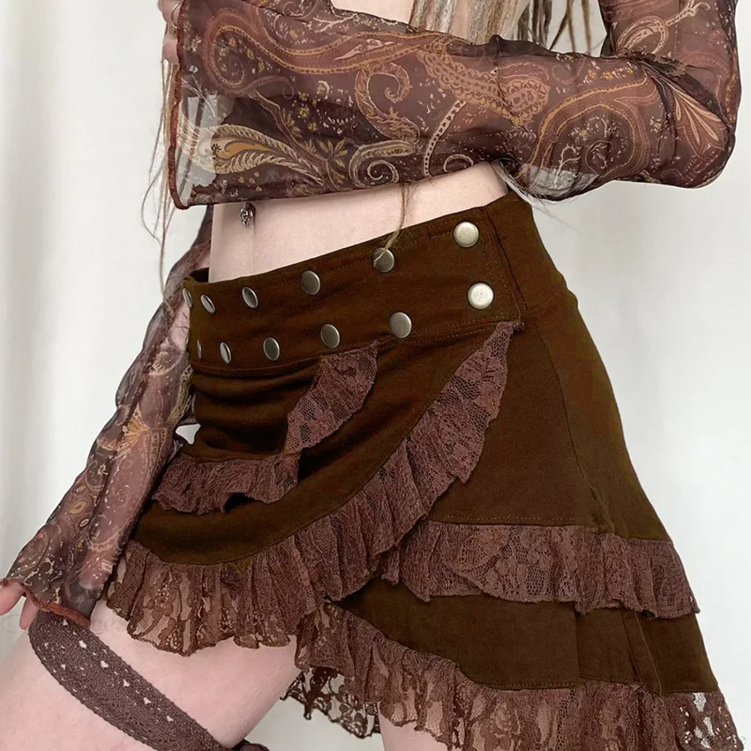 Knitted Lace Ruffled Brown Skirt - Image 3