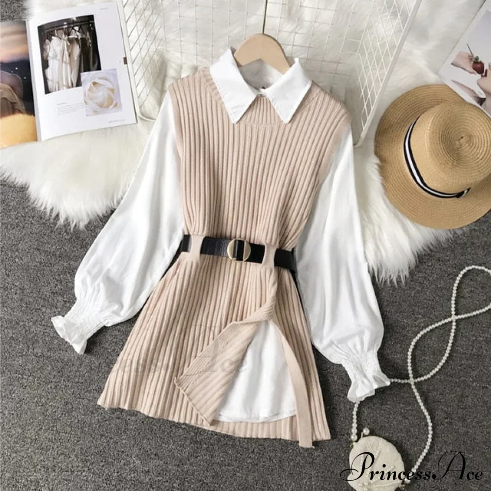Knitted Set Waistband Style Blouse Top - Women's Lantern College and Vest Arm UK900 - Image 2