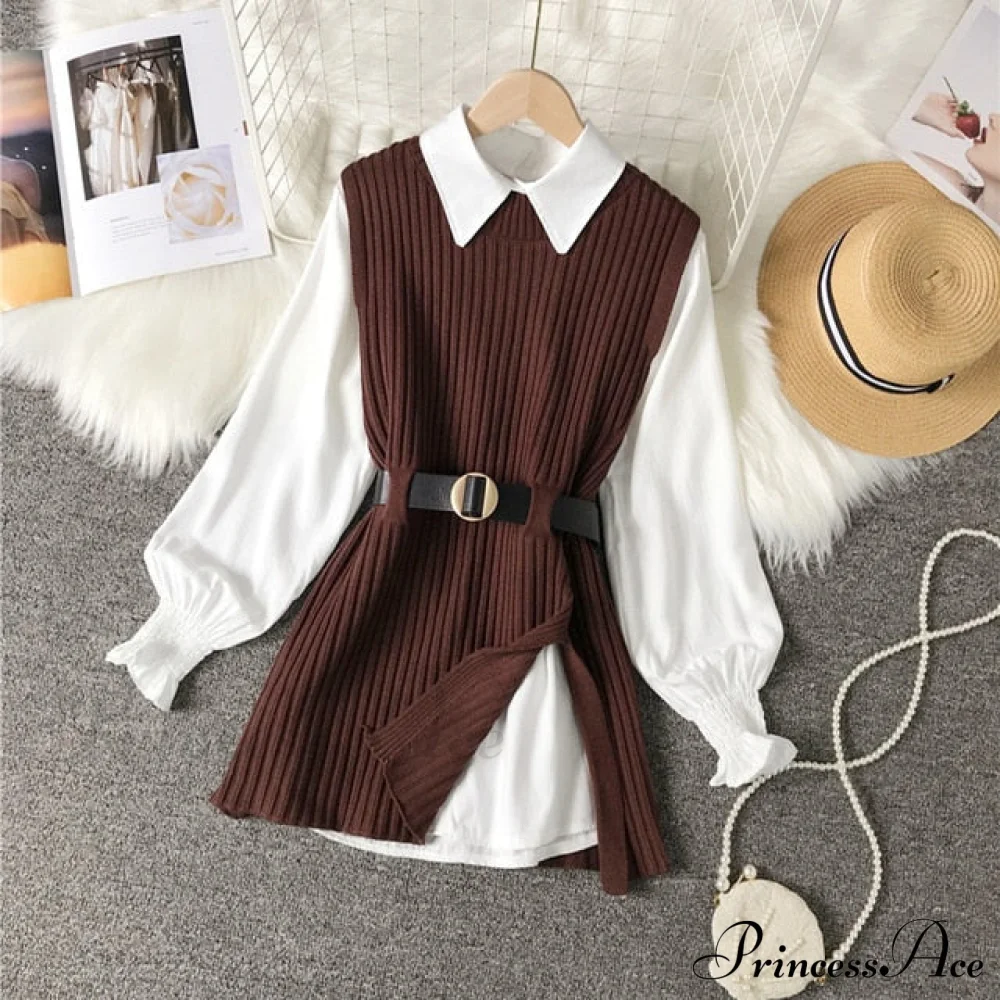 Knitted Set Waistband Style Blouse Top - Women's Lantern College and Vest Arm UK900 - Image 3