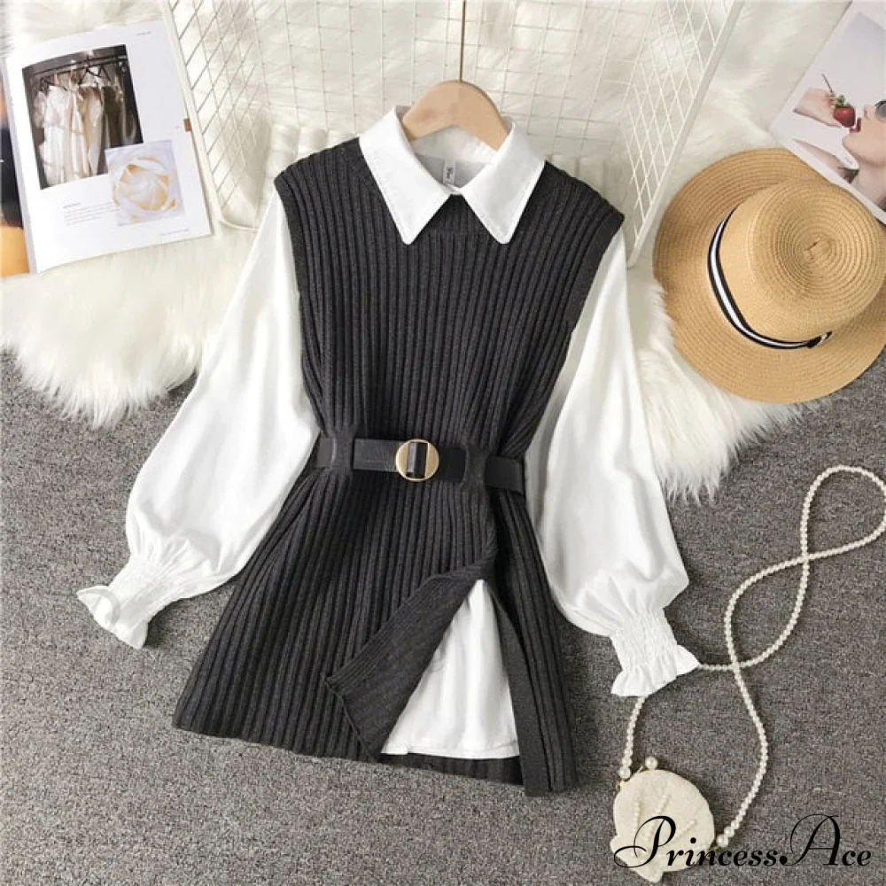 Knitted Set Waistband Style Blouse Top - Women's Lantern College and Vest Arm UK900 - Image 4