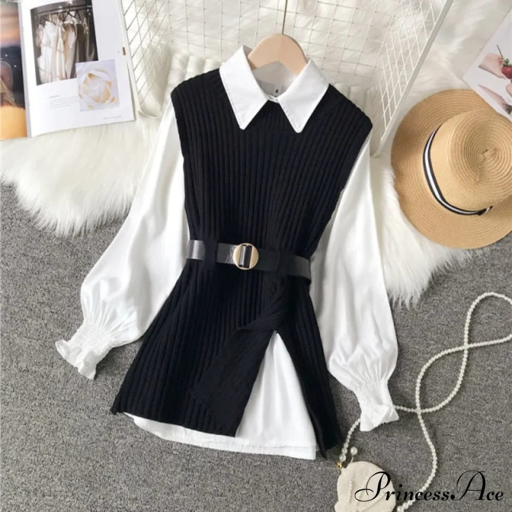 Knitted Set Waistband Style Blouse Top - Women's Lantern College and Vest Arm UK900 - Image 5