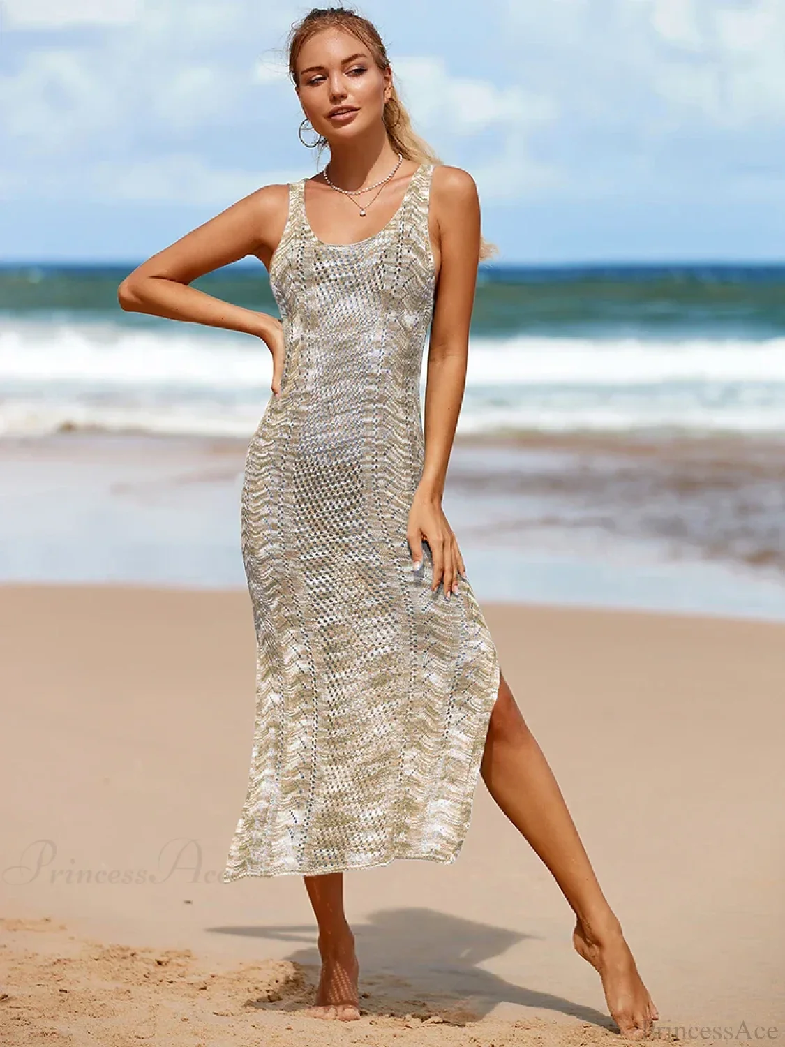 Knitted Sleeveless Slit Cut Cover Up - Image 2