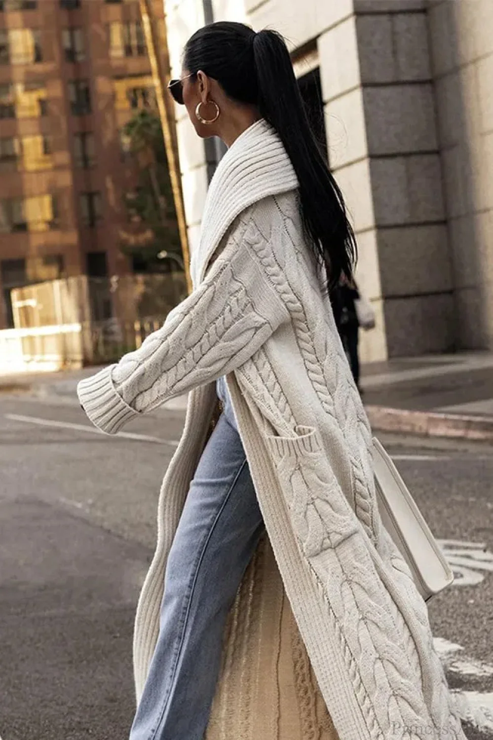 Knitted White Lapel Woolen Double Pocket Overcoat - Image 5