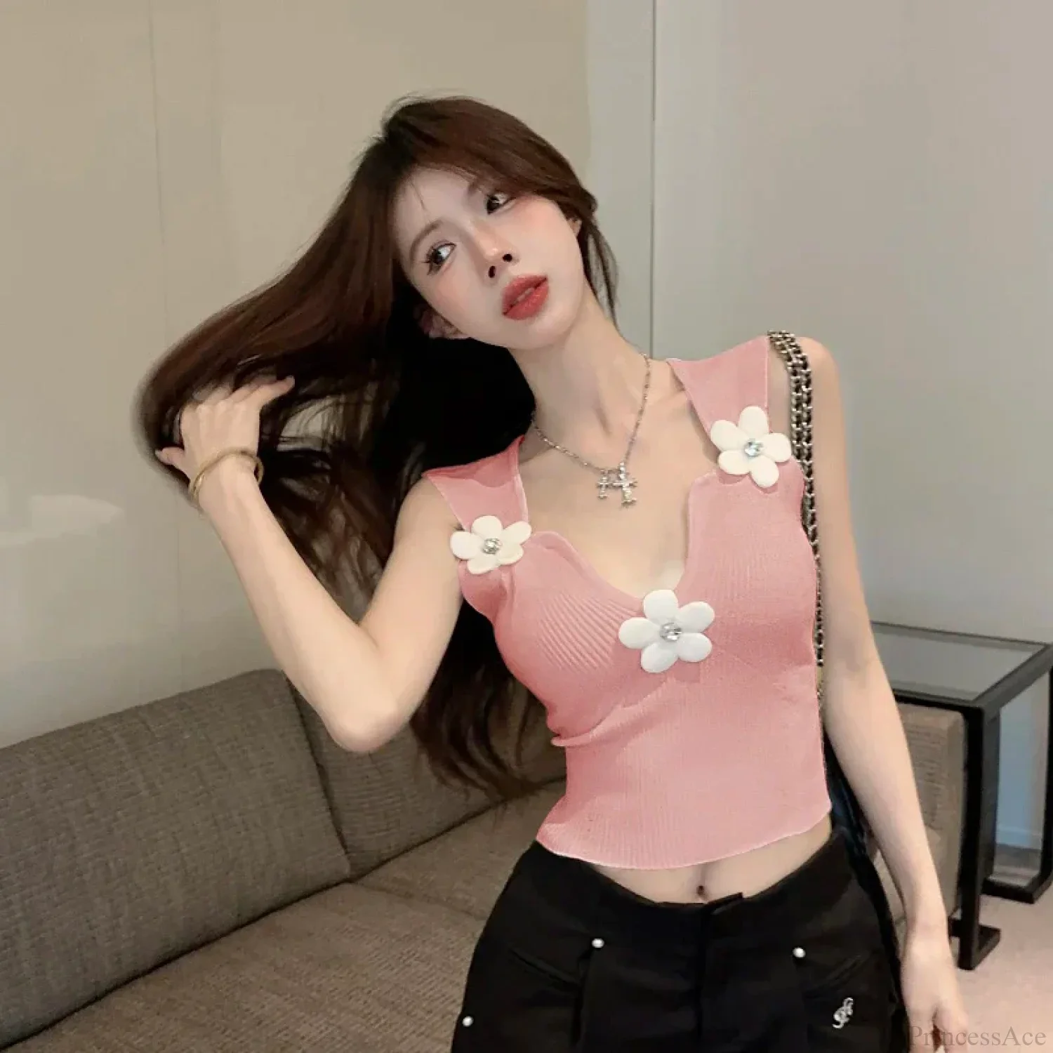 Korean 3D Floral Deep V-Neck Stretchy Crop Top - Image 6