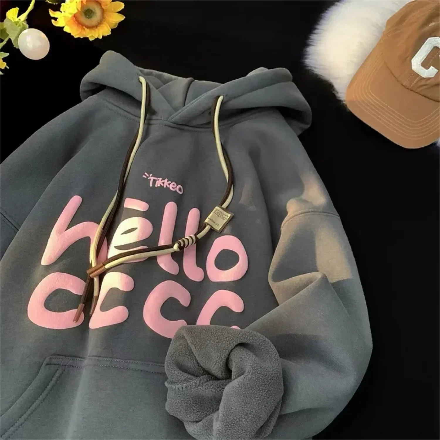 Korean Fashion Letter Printed Fleece Hoodie - Image 2