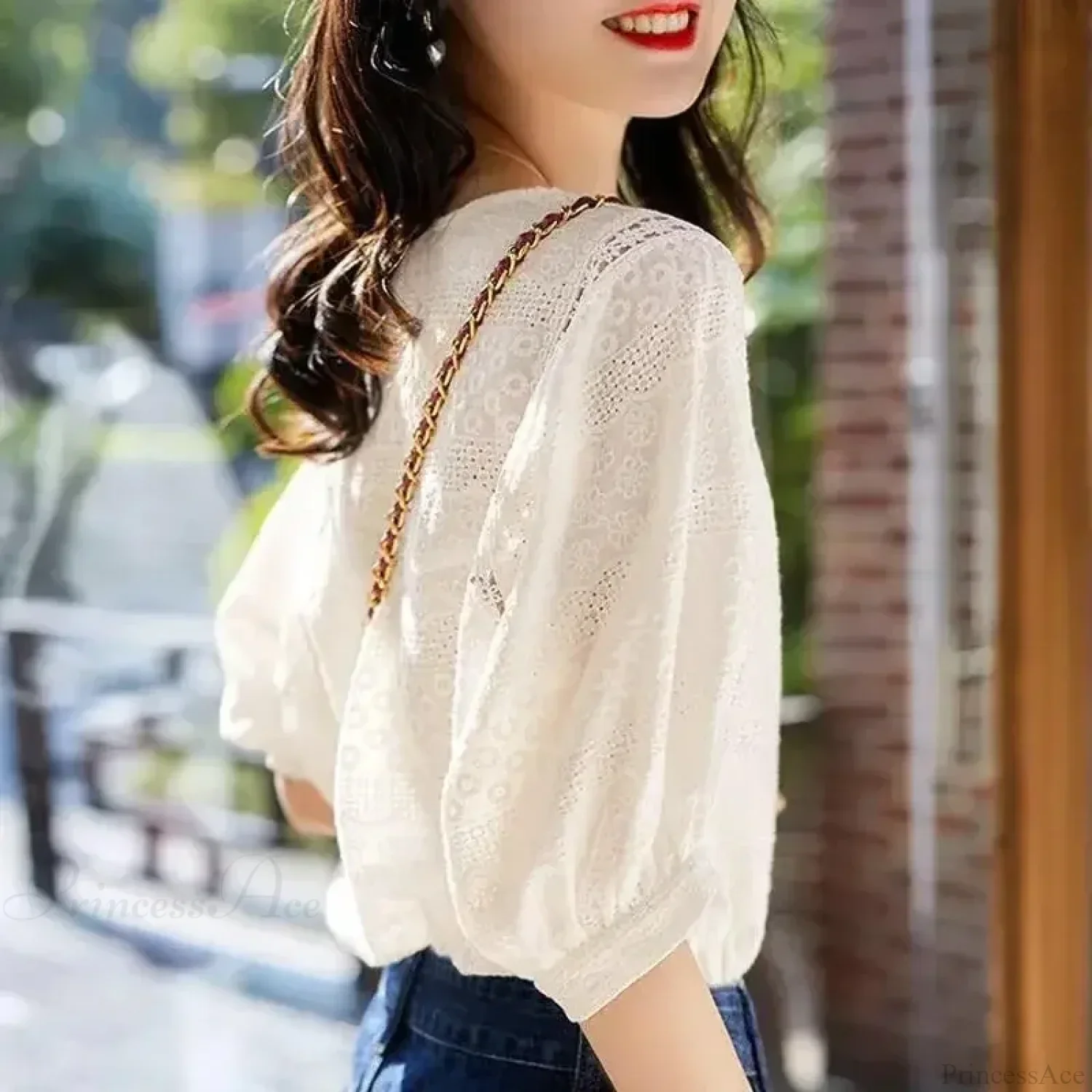 Korean Lantern Sleeve Embroidered Cotton Lace Blouse - Image 3