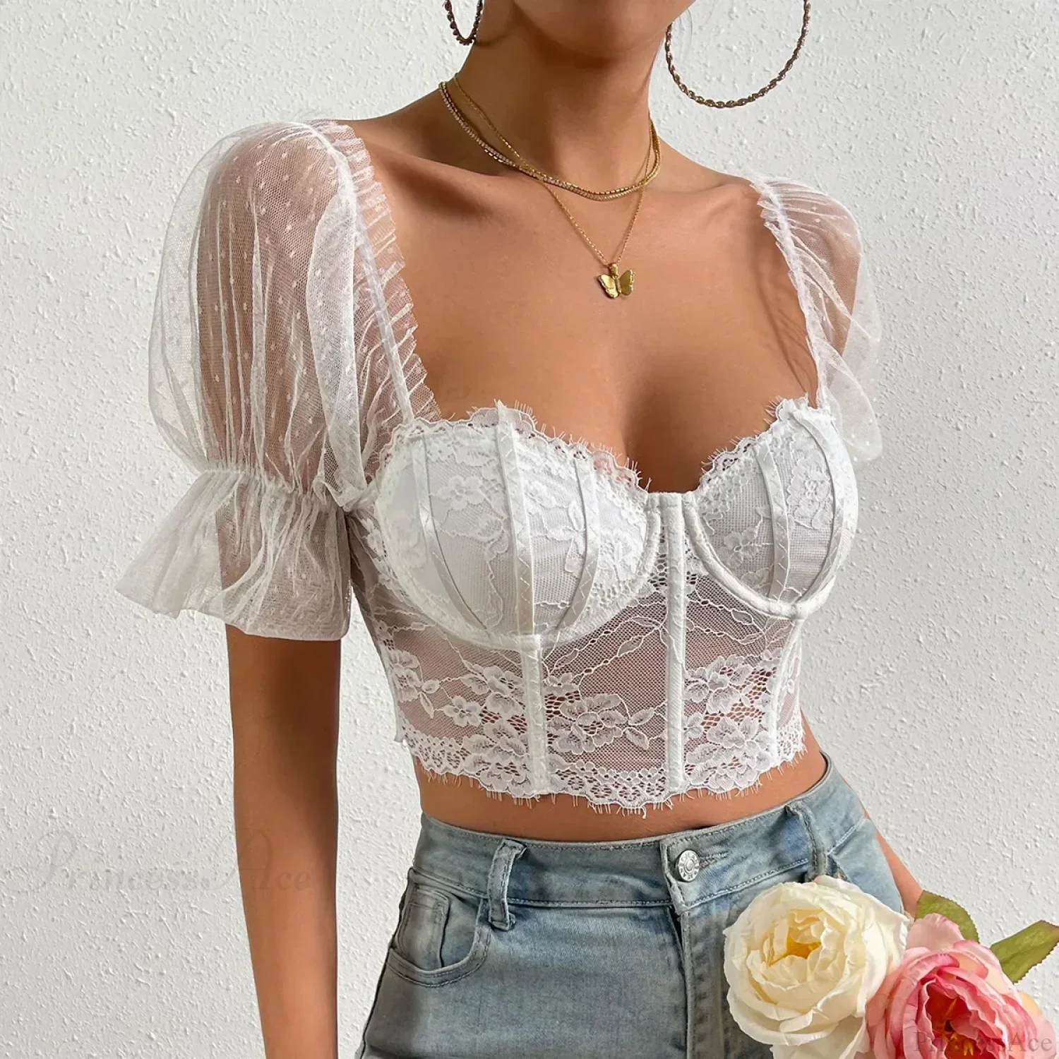 Korean Mesh Sheer Puff Sleeve Lace Crop Top - Image 5