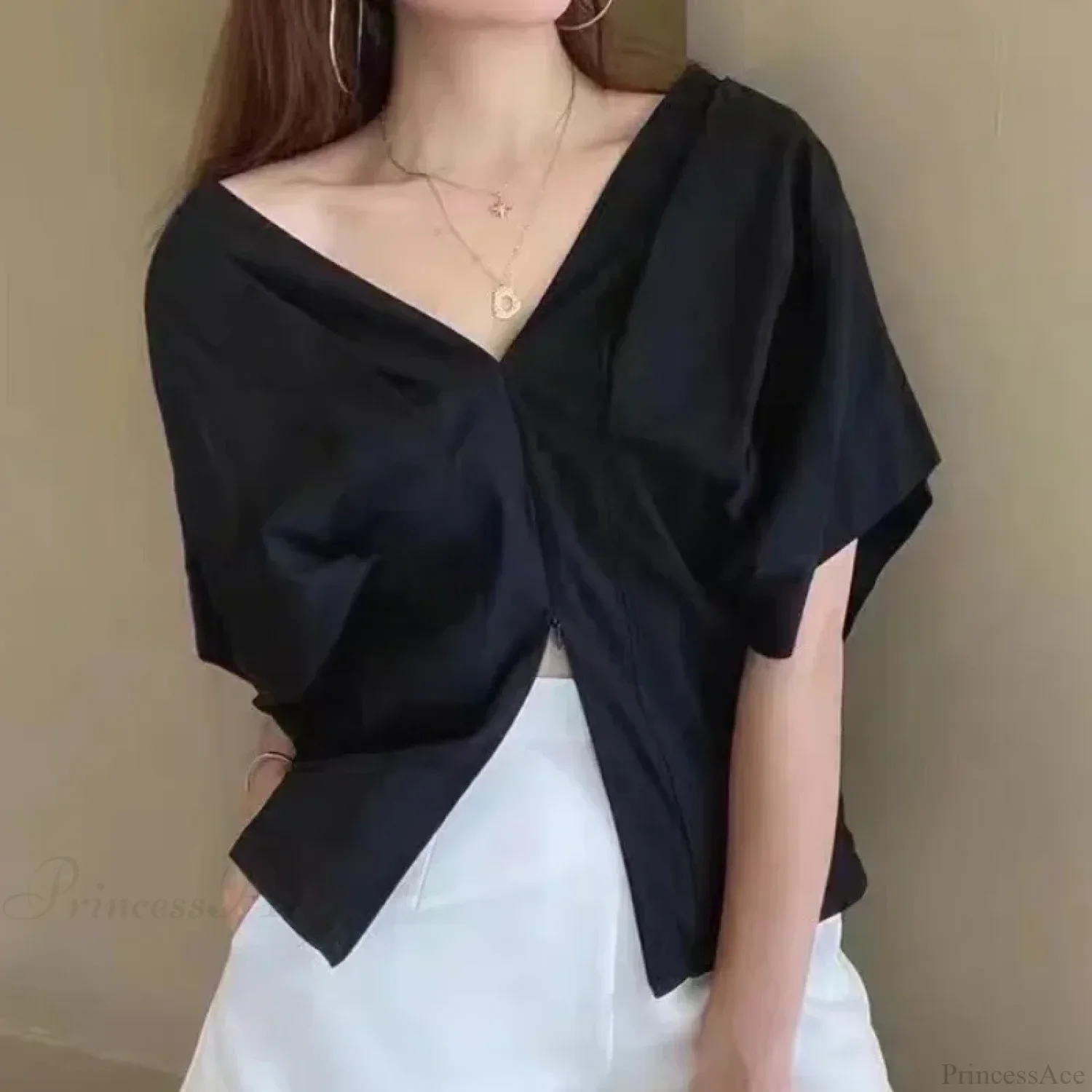 Korean Ruffle Design V-neck Short Sleeve Casual Blouse - Image 2