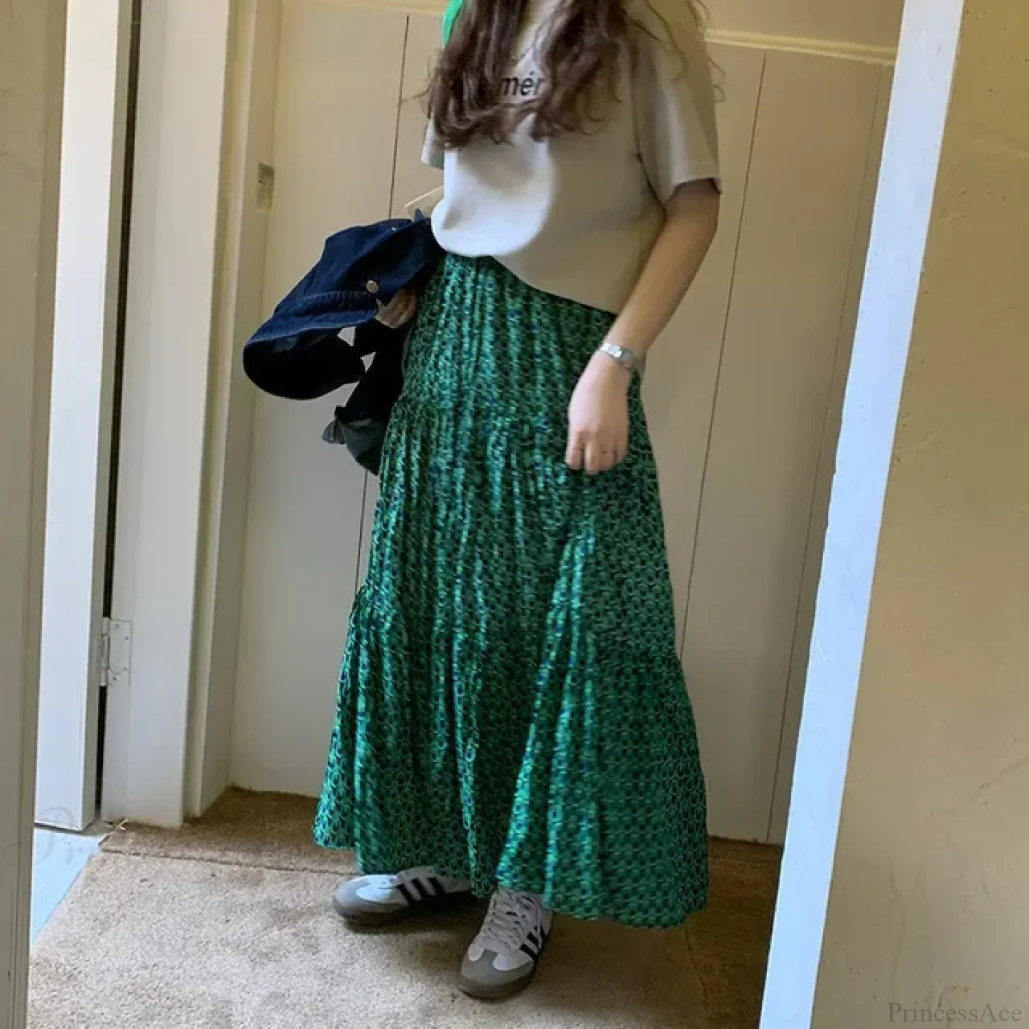 Korean Style Casual Classic Ladies Maxi Floral Skirt Loose A-line - Image 6