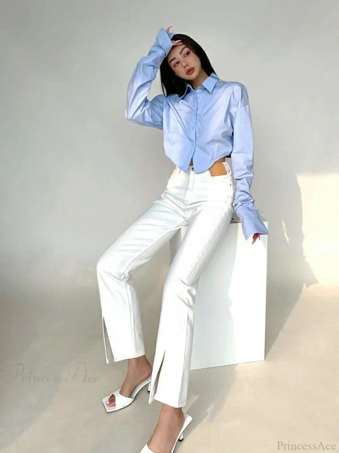 Korean Style Long Sleeve Button Crop Blouse - Image 4