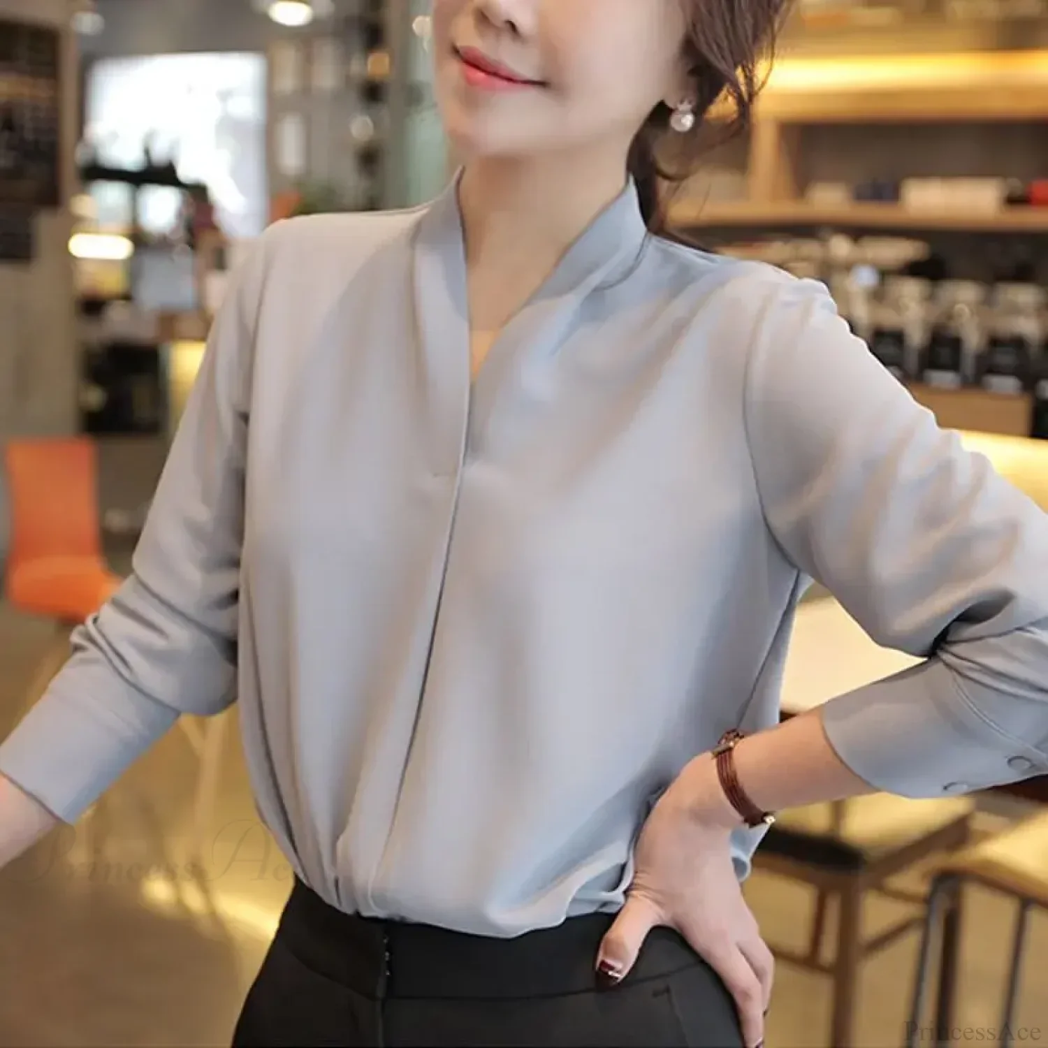 Korean Style V-neck Loose Chiffon Office Blouse - Image 2