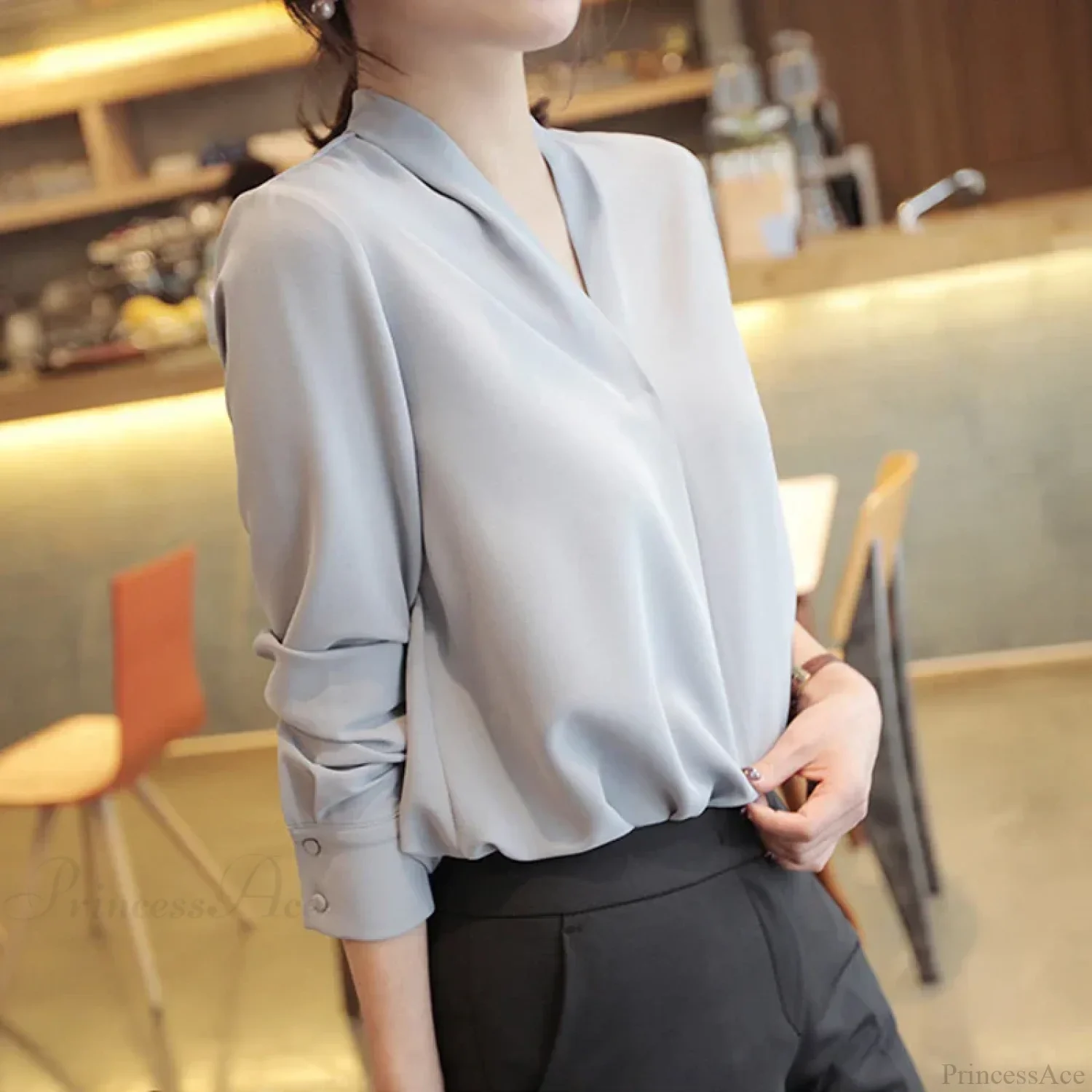 Korean Style V-neck Loose Chiffon Office Blouse - Image 3
