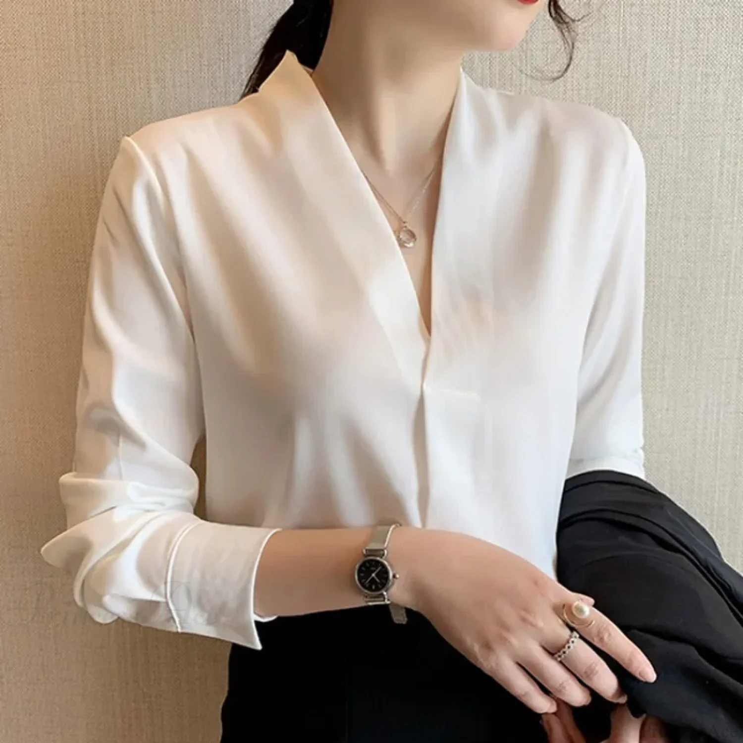 Korean Style V-neck Loose Chiffon Office Blouse - Image 7