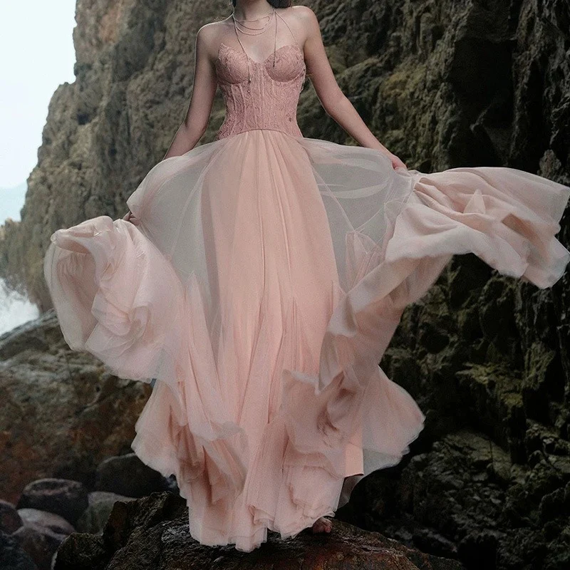 Lace Bone Tube Mesh Flared Prom Dress