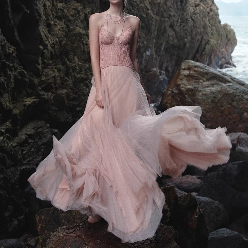 Lace Bone Tube Mesh Flared Prom Dress - Image 3