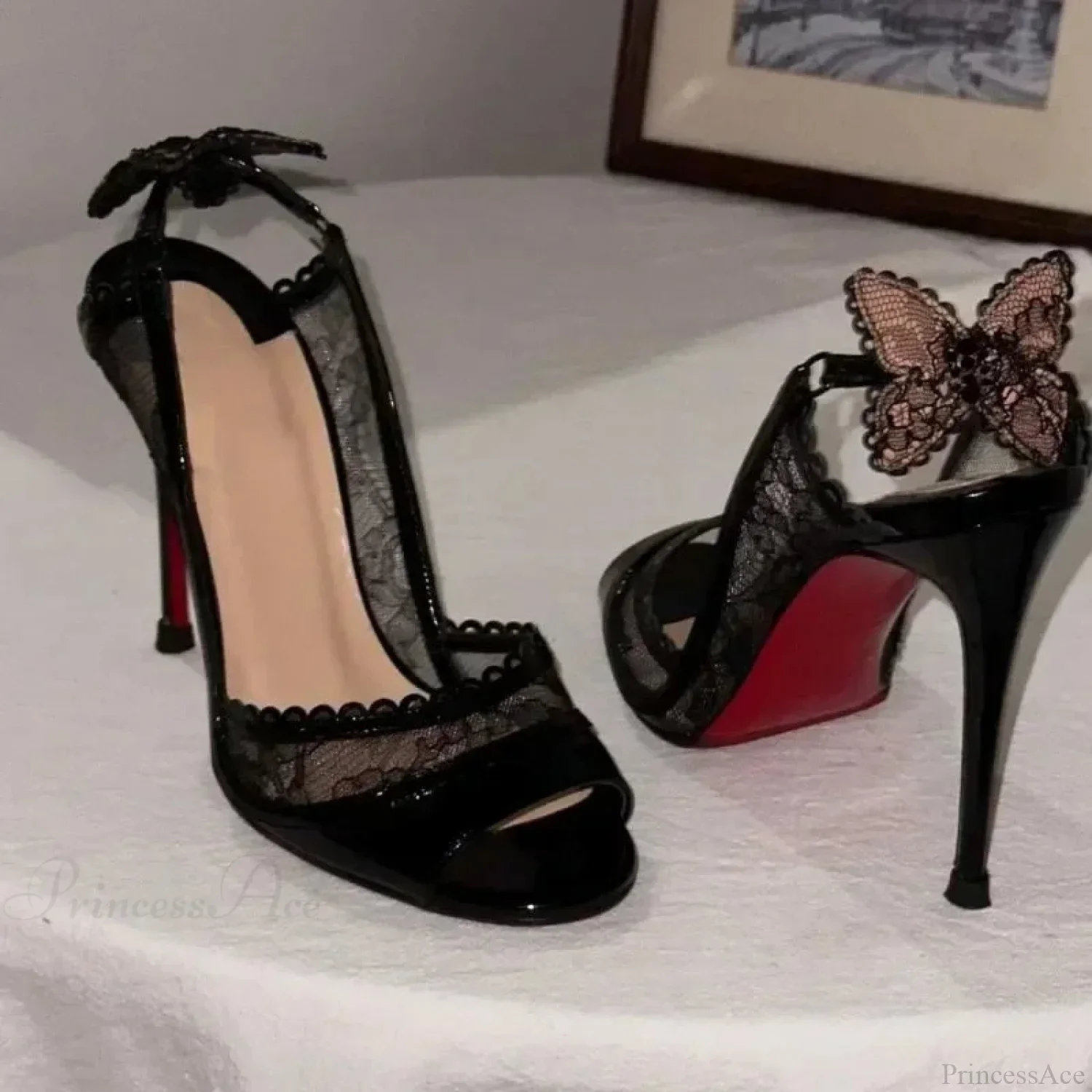 Lace Bow Gothic Slingback Sandals Tall Heel - Image 3