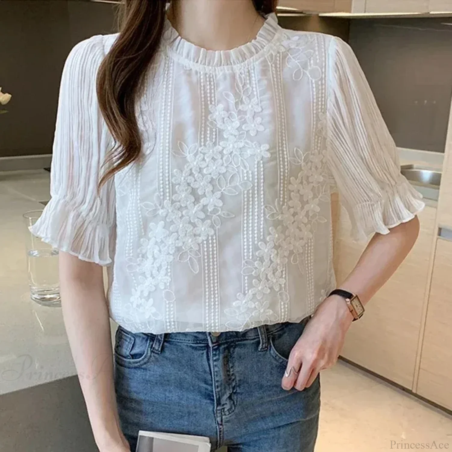 Lace Chiffon Short Sleeve Embroidery Blouse - Image 2