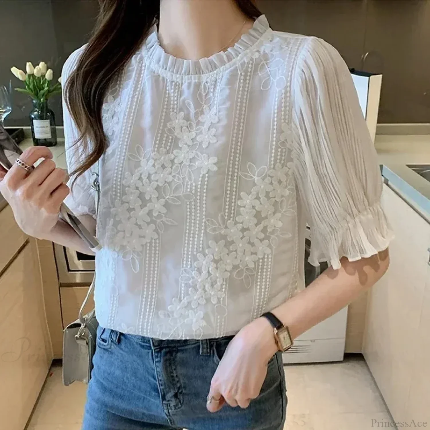 Lace Chiffon Short Sleeve Embroidery Blouse - Image 5