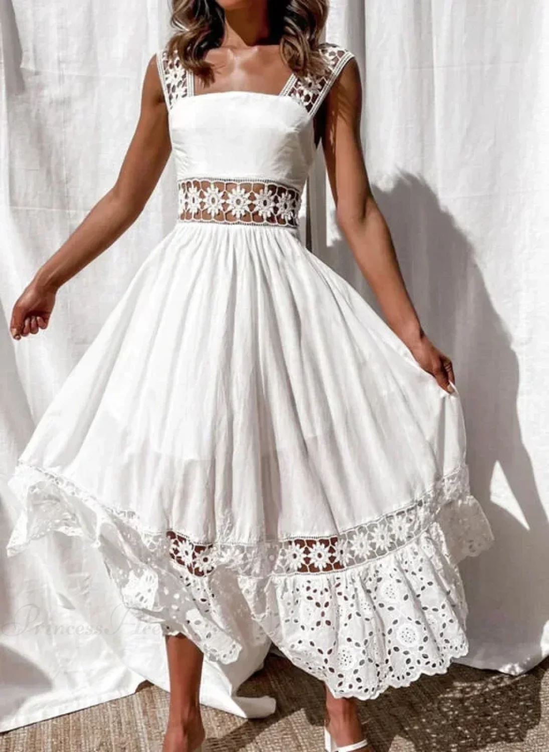 Lace Cotton Sleeveless White Hollow Out Maxi Boho Sundress - Image 2