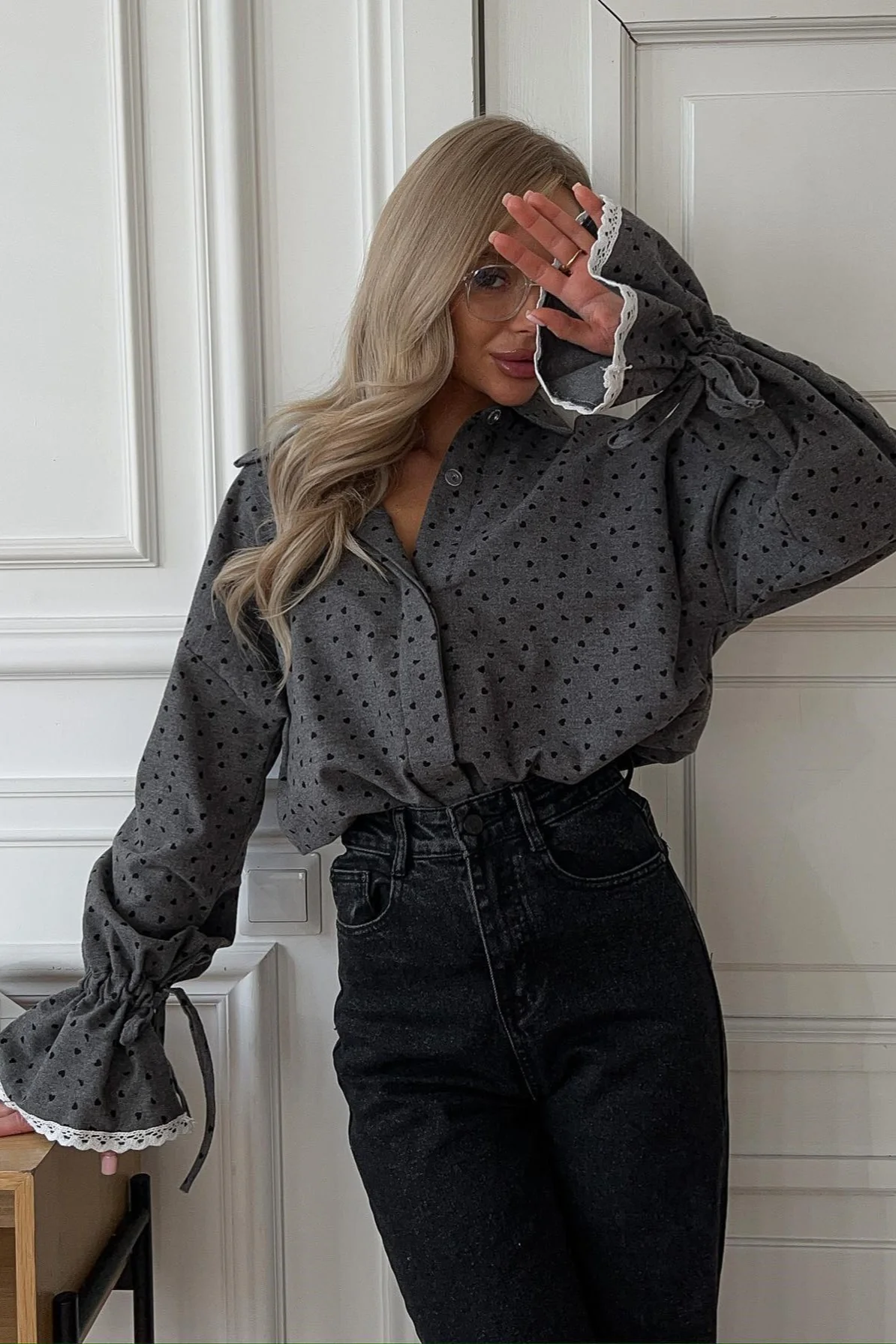 Lace Cuff Polka Dot Collar Blouse - Image 2