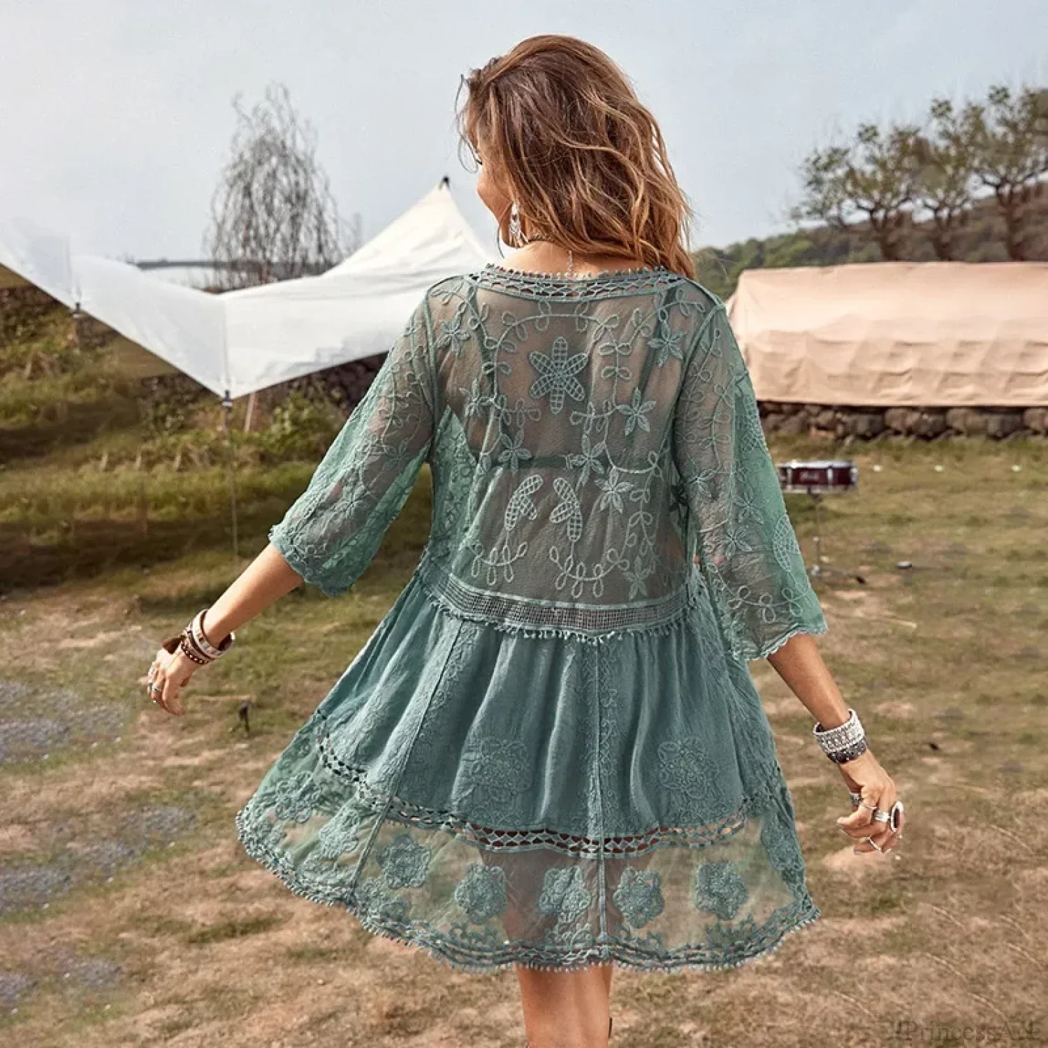 Lace Deep V-neck Floral Embroidery Boho Cover up - Image 3