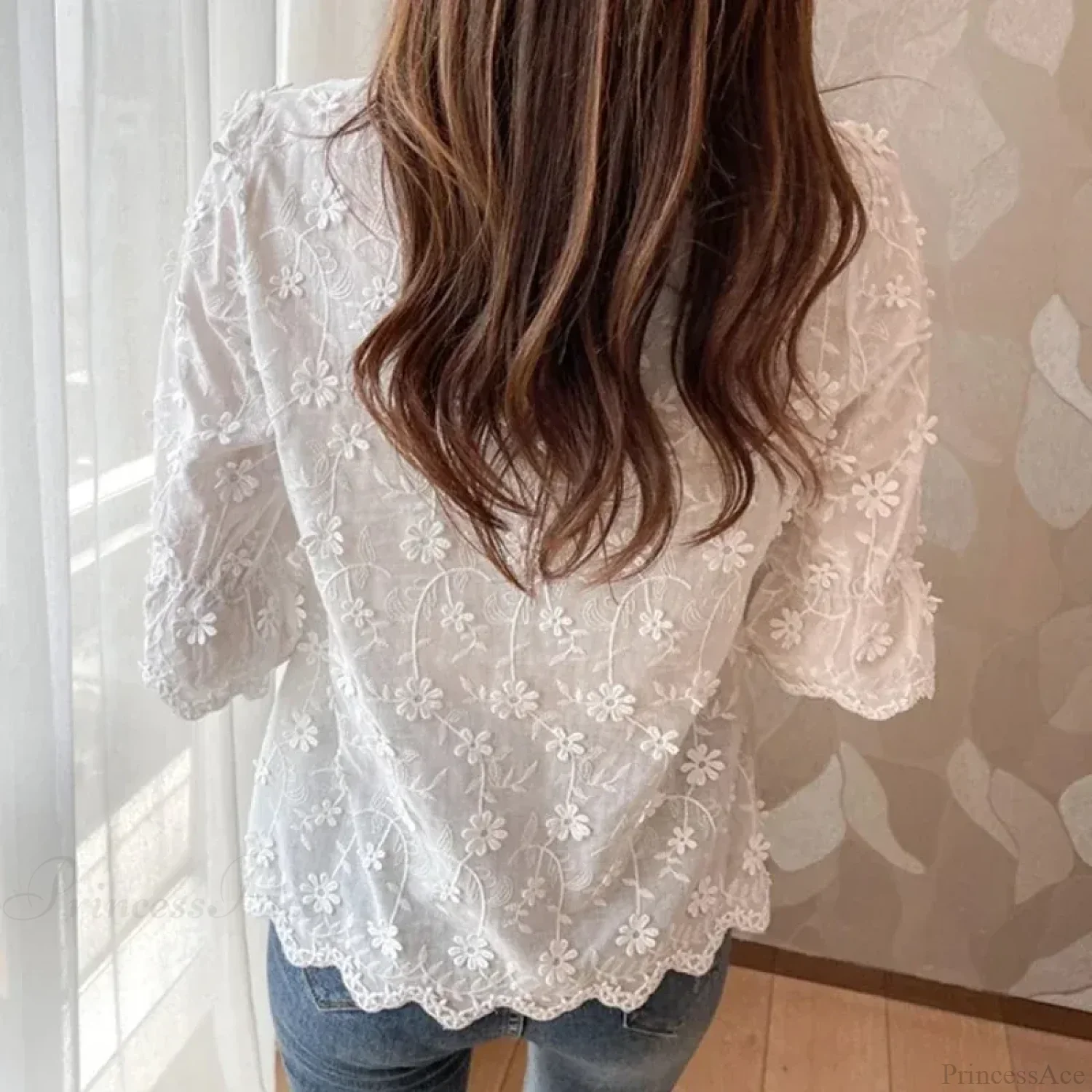 Lace Embroidered Floral Short Sleeve Casual White Blouse - Image 4