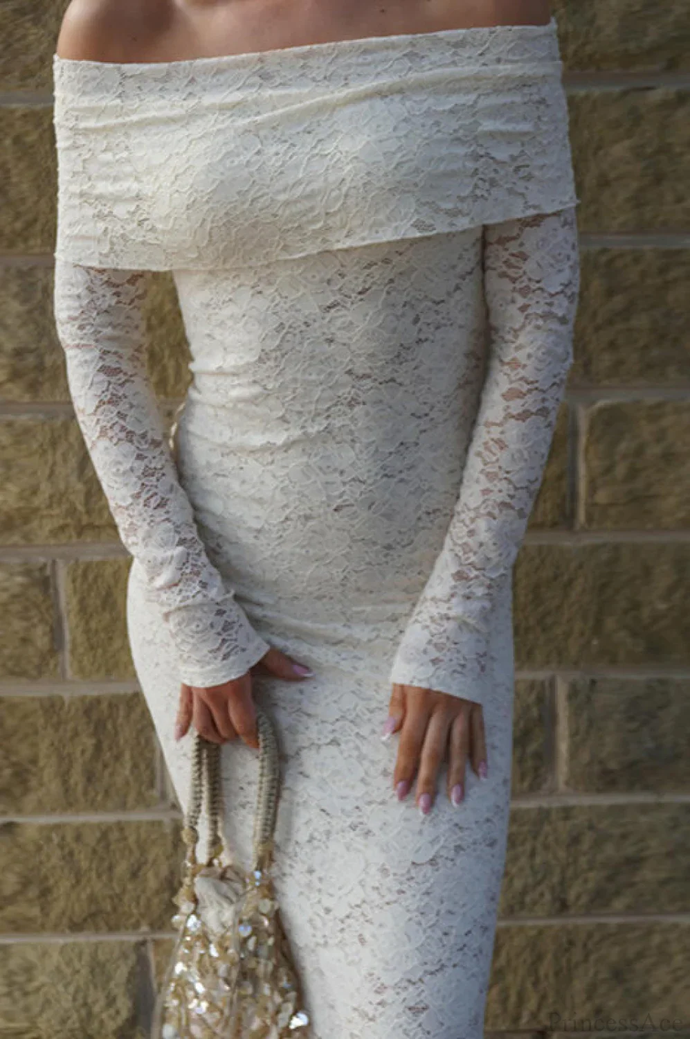 Lace Embroidered Off Shoulder Fitted Maxi Dress - Image 3