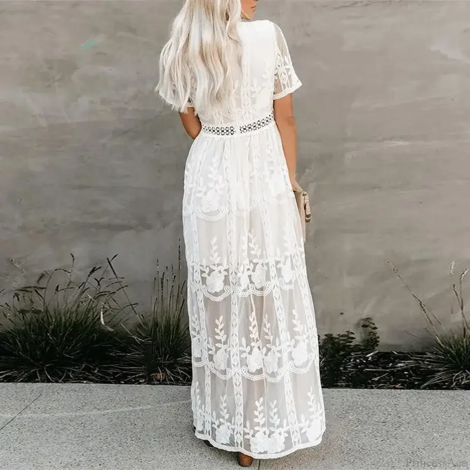 Lace Embroidery Patchwork Long Sleeve White Boho Dress - Image 2