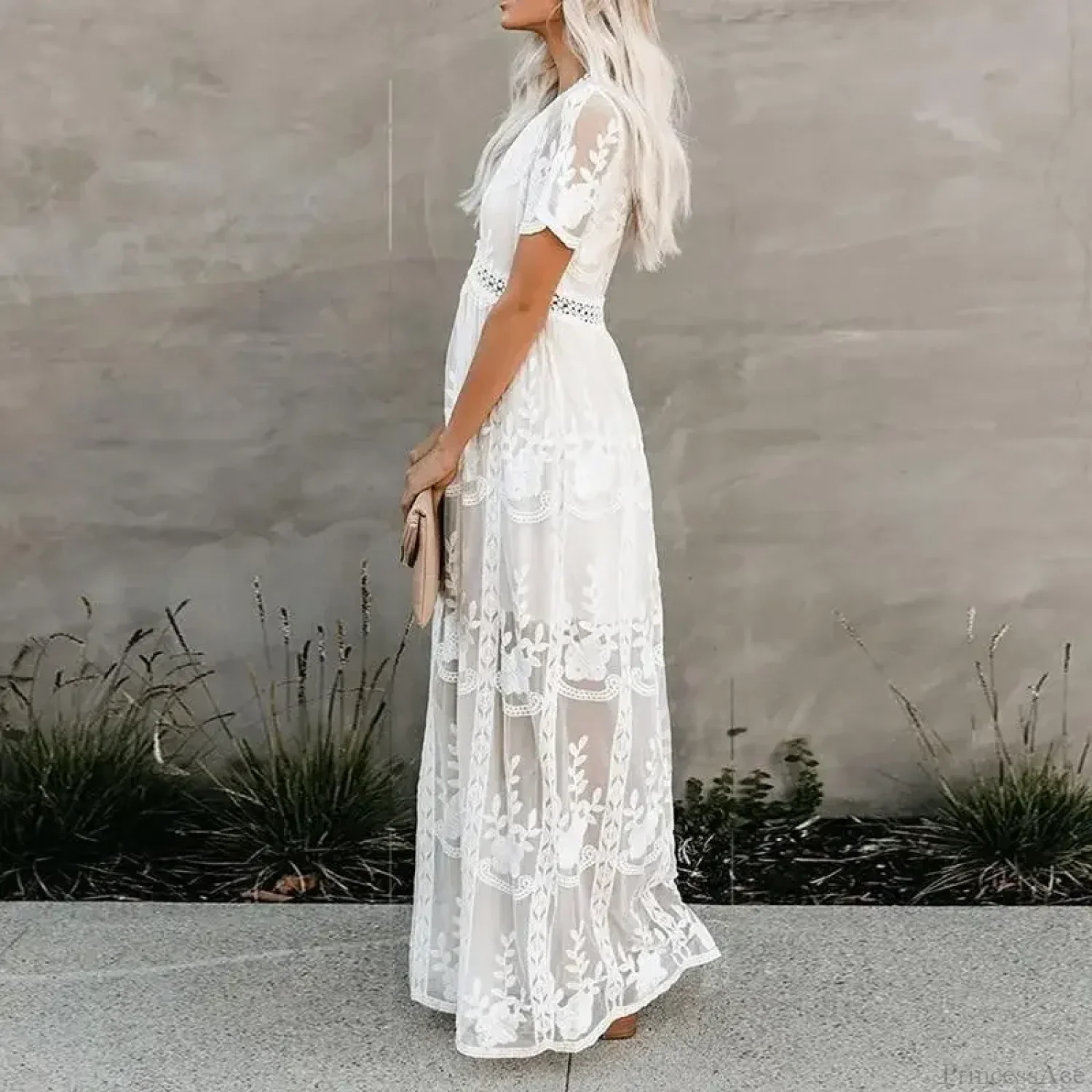 Lace Embroidery Patchwork Long Sleeve White Boho Dress - Image 4
