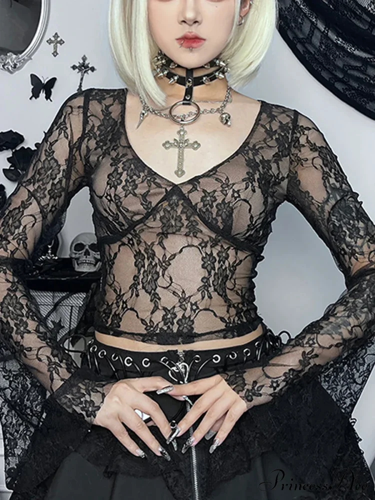 Lace Fairy Grunge V-neck See-Through Slim Fit Stylish Elegant Trendy Classic Crop Top - Image 3