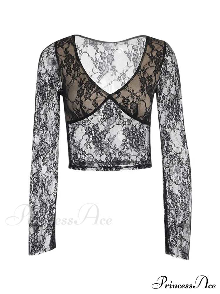 Lace Fairy Grunge V-neck See-Through Slim Fit Stylish Elegant Trendy Classic Crop Top - Image 5