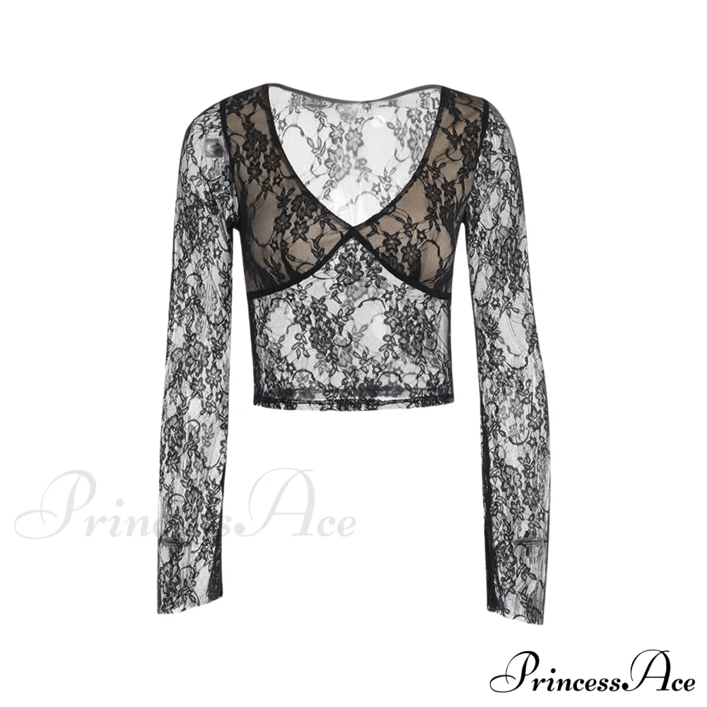 Lace Fairy Grunge V-neck See-Through Slim Fit Stylish Elegant Trendy Classic Crop Top - Image 6