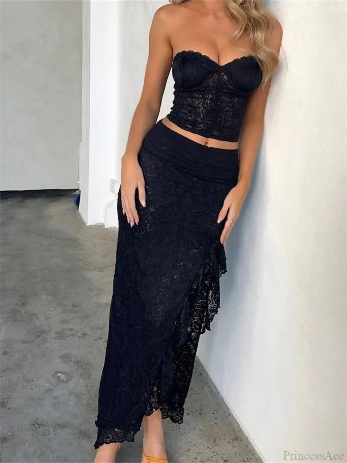 Lace Floral Bustiers Crop Top High Split Long Skirt Set - Image 4