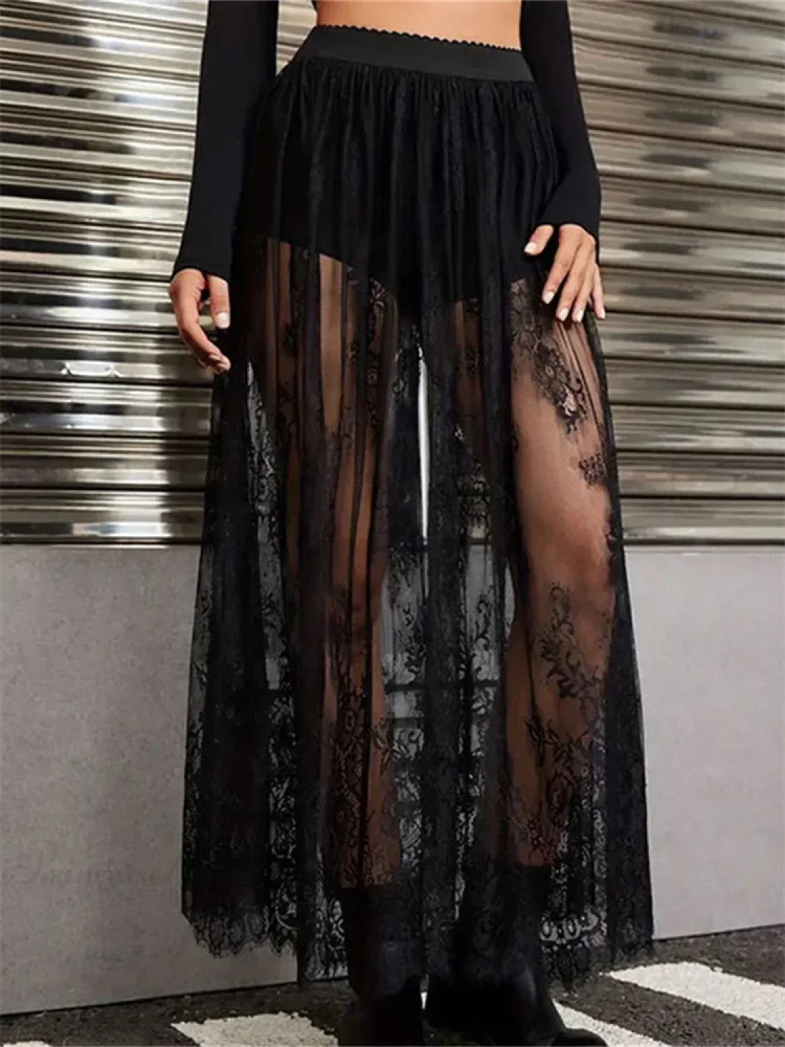 Lace Floral Long Maxi Skirt Solid Mesh Built-in Shorts Skirt - Image 3