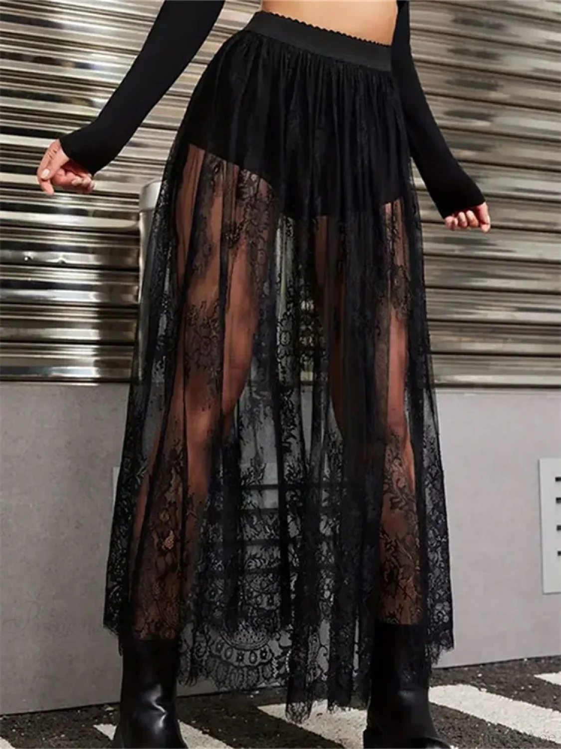 Lace Floral Long Maxi Skirt Solid Mesh Built-in Shorts Skirt - Image 4