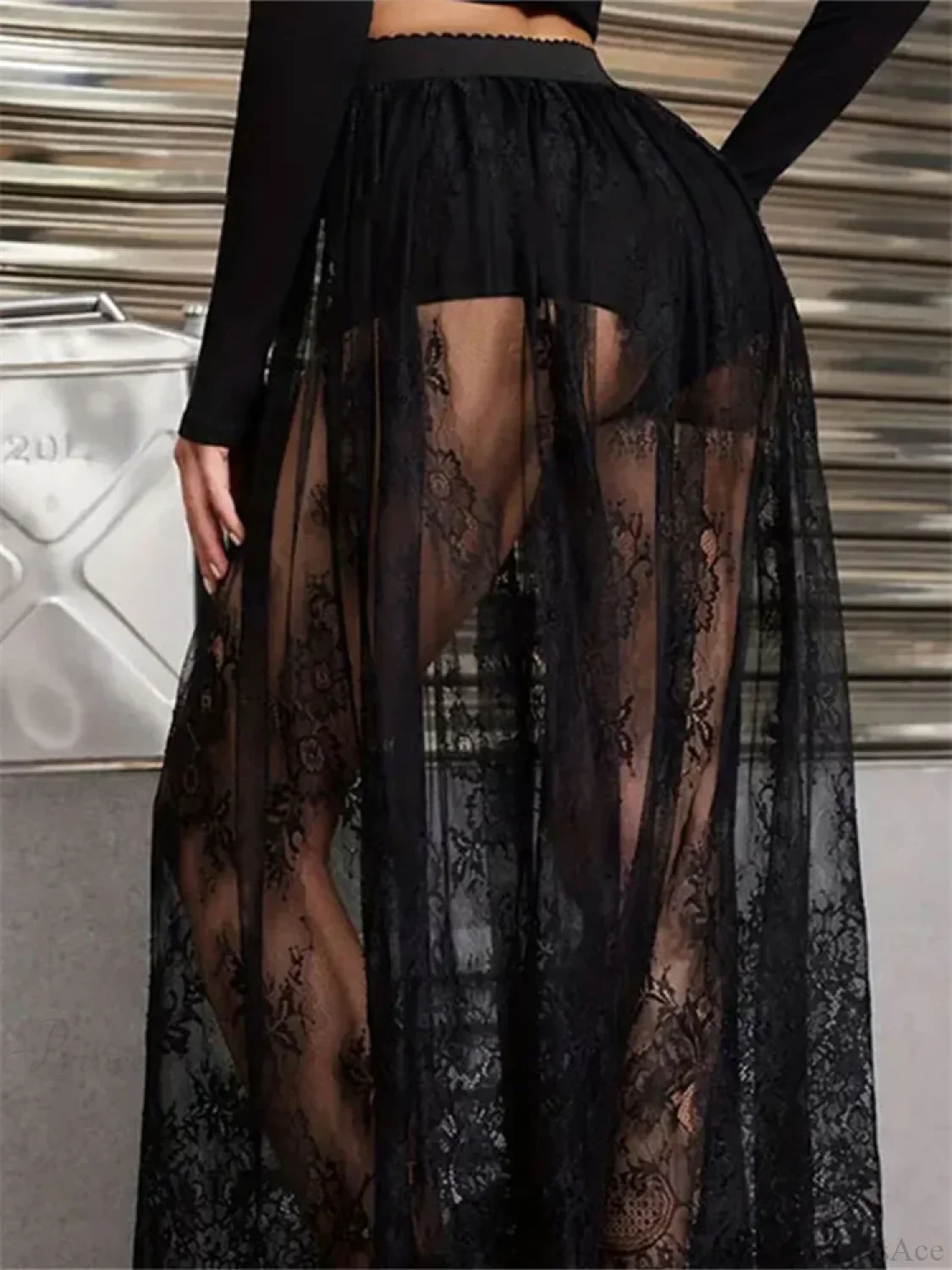 Lace Floral Long Maxi Skirt Solid Mesh Built-in Shorts Skirt - Image 5