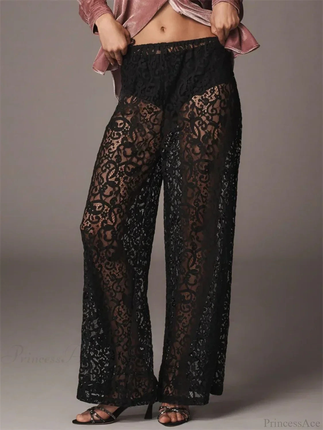 Lace Floral Mesh See-Through Black Wide Leg Pant - Image 2