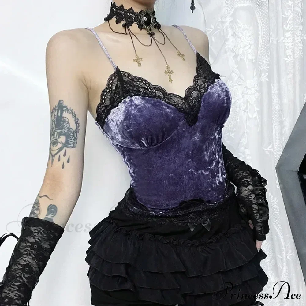 Lace Gothic Aesthetic Velvet Grunge Punk Bodycon V-neck Elegant Classic Crop Top - Image 2