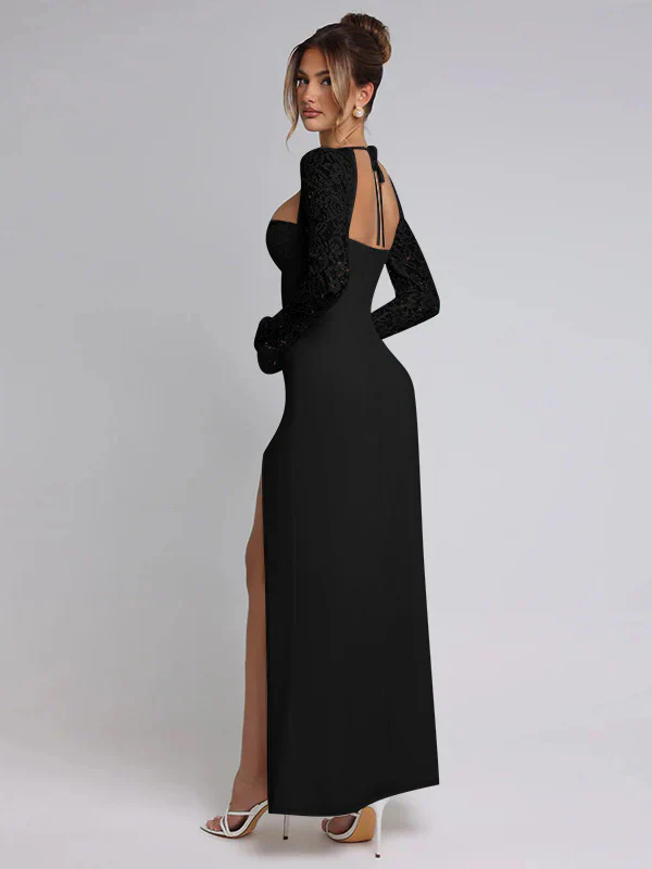 Lace Insert Long Sleeve Split Slim Fit Party Dress - Image 10