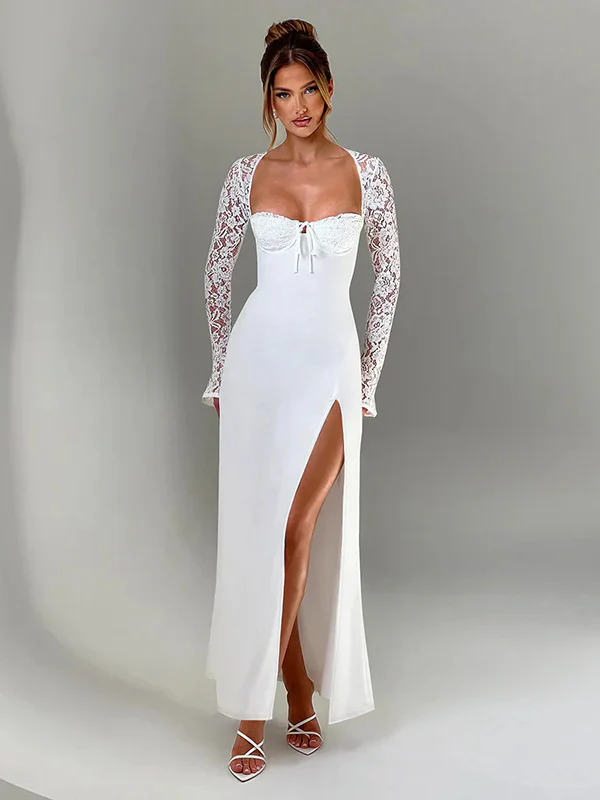 Lace Insert Long Sleeve Split Slim Fit Party Dress - Image 2