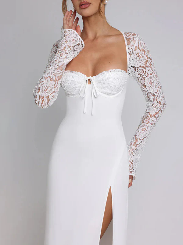 Lace Insert Long Sleeve Split Slim Fit Party Dress - Image 4