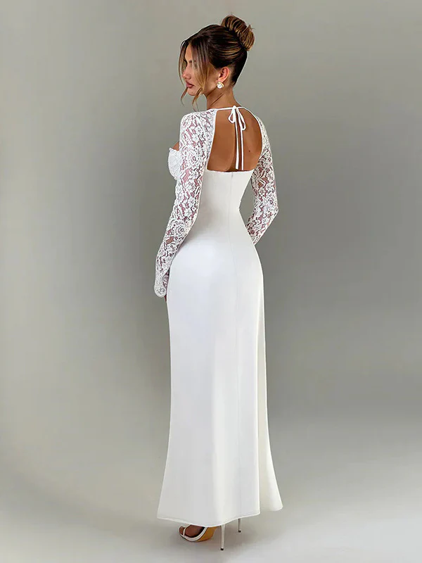 Lace Insert Long Sleeve Split Slim Fit Party Dress - Image 5