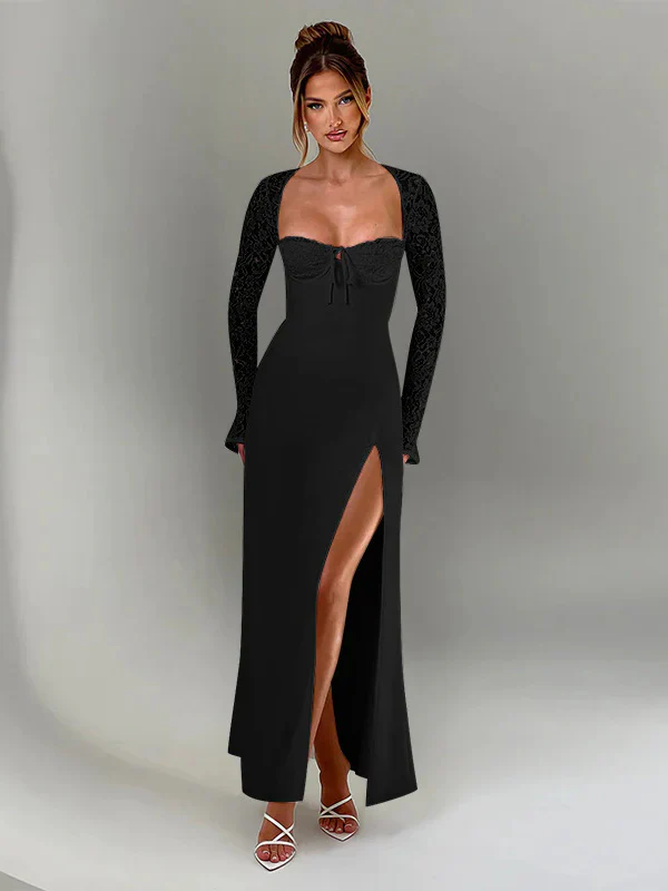 Lace Insert Long Sleeve Split Slim Fit Party Dress - Image 7
