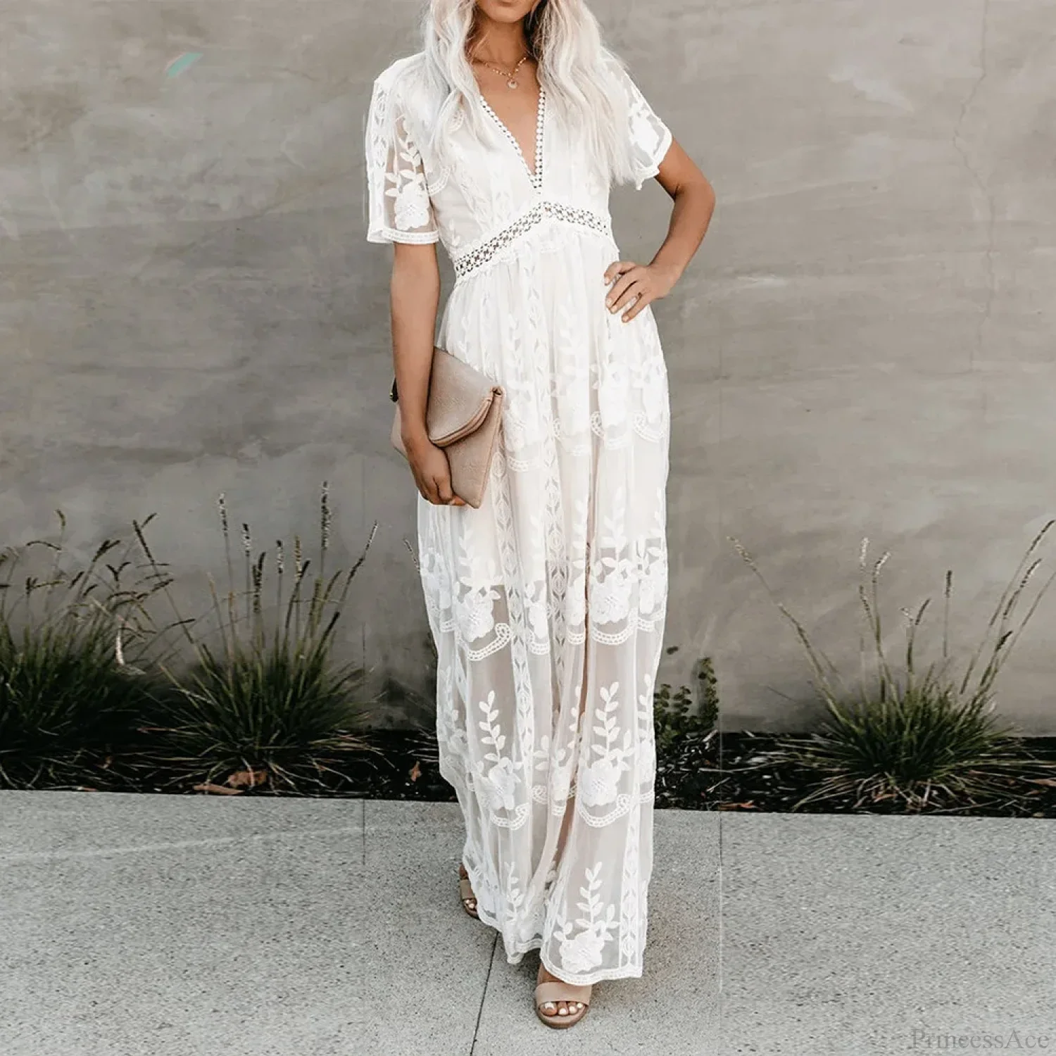 Lace Maxi Dress Vintage White Deep V-neck Summer Dress