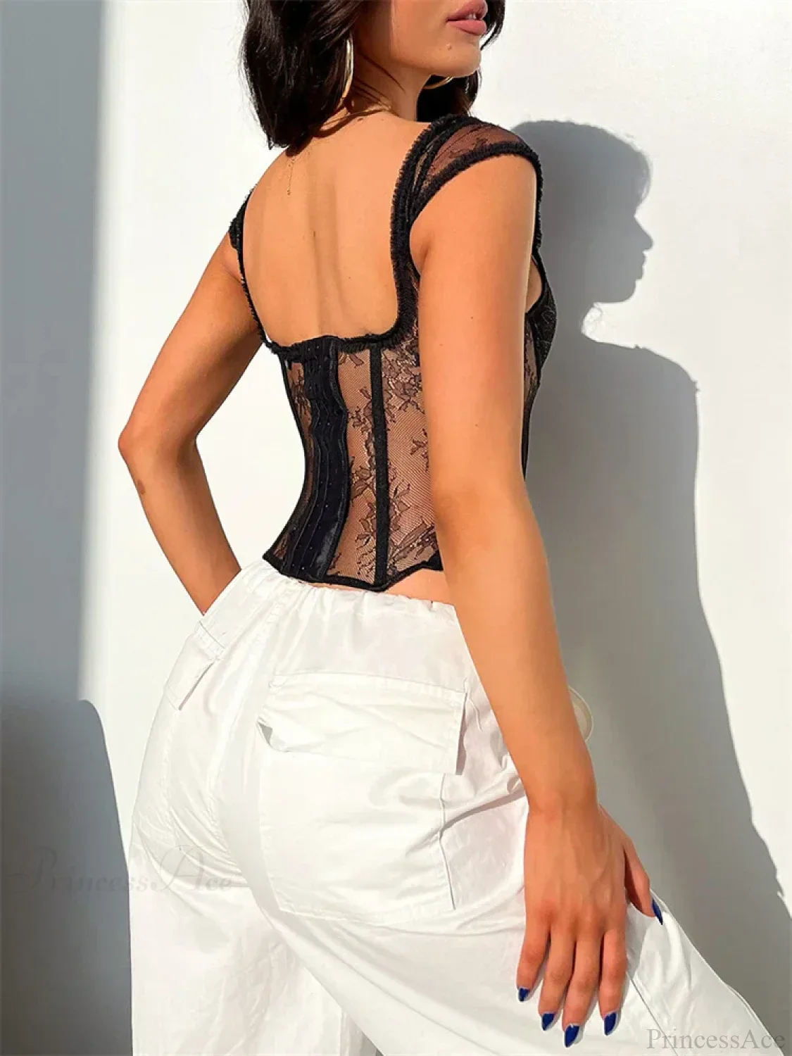 Lace Mesh Sheer Sleeveless V-neck Crop Top - Image 6