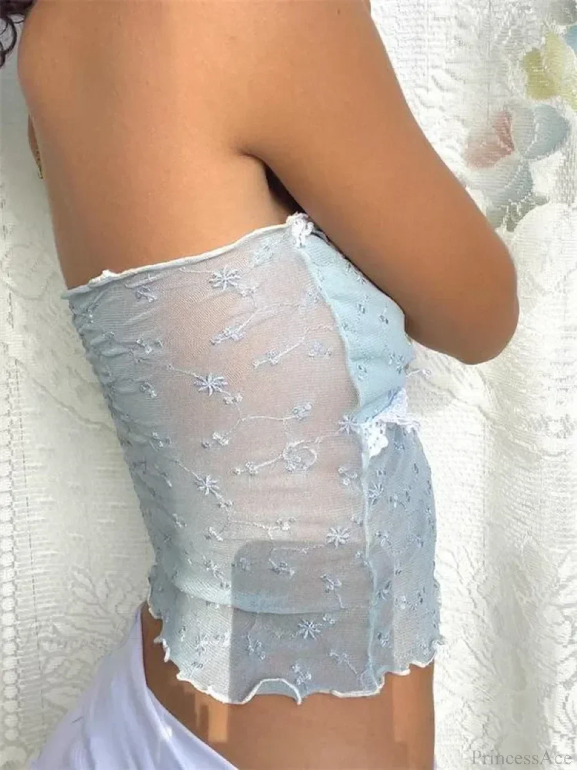 Lace Mesh Y2K Strapless See-through Tube Crop Top - Image 3