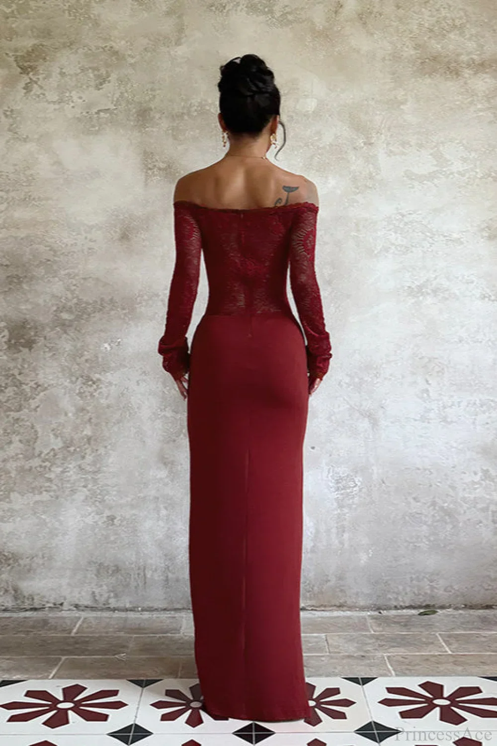 Lace Off Shoulder Elegant Bodycon Maxi Dress - Image 3