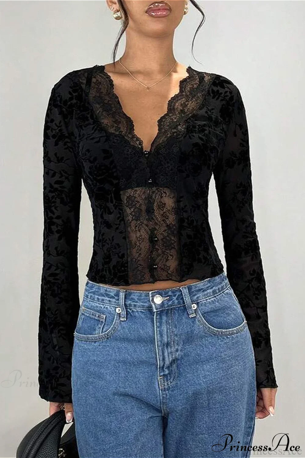 Lace Panel Leopard Slim Flared Sleeve Long Sleeve Tee - Image 4